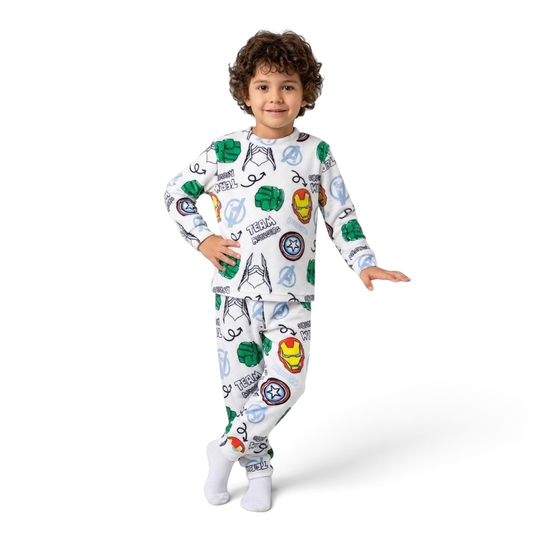 Twinkles Avengers long-sleeve pajama set for boys featuring Iron Man, Hulk, and Captain America graphics on white
