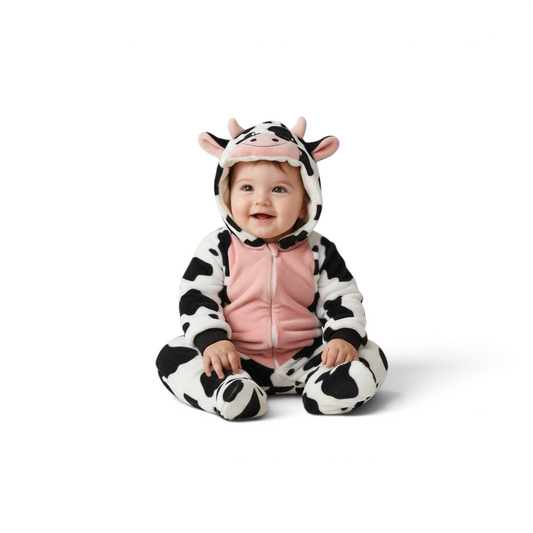 Twinkles baby wearing a cozy black and white cow-patterned polar fleece jumpsuit with a hooded animal face