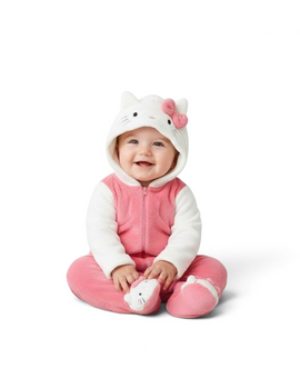 Twinkles baby wearing a pink and white Hello Kitty polar fleece jumpsuit with a hooded face and integrated booties.