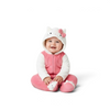 Twinkles baby wearing a pink and white Hello Kitty polar fleece jumpsuit with a hooded face and integrated booties.