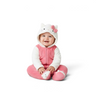 Twinkles baby wearing a pink and white Hello Kitty polar fleece jumpsuit with a hooded face and integrated booties.