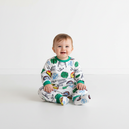 A smiling baby wearing a Twinkles Avengers print long-sleeve pajama set with green trim on a white background