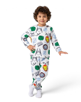 Twinkles Avengers long-sleeve pajama set for boys featuring Iron Man, Hulk, and Captain America graphics on white