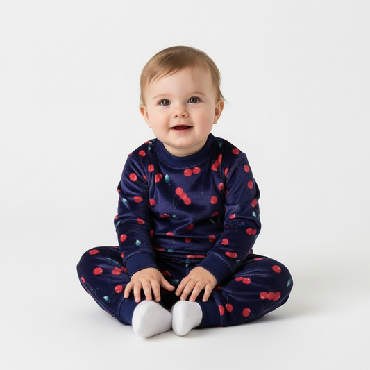 Baby wearing a Twinkles navy blue velvet pajama set with a red cherry print, sitting on a white background.
