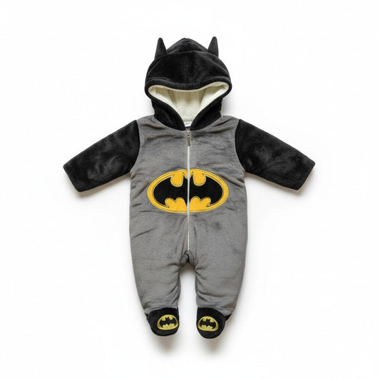 Twinkles Batman fleece baby jumpsuit with hood, featuring a grey body, black sleeves, and yellow logo detail.