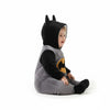 Twinkles baby wearing a grey and black Batman polar fleece jumpsuit with a hooded bat-ear design