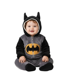 Twinkles baby Batman fleece jumpsuit with hood, featuring black ears, yellow logo, and soft grey lining.