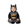 Twinkles baby Batman fleece jumpsuit with hood, featuring black ears, yellow logo, and soft grey lining.