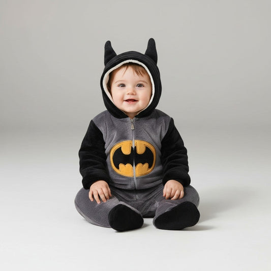 Twinkles baby Batman fleece jumpsuit with hood, featuring black ears, yellow logo, and soft grey lining.