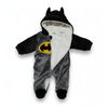 Twinkles infant Batman hooded fleece jumpsuit in grey and black with yellow logo and cute bat ears on the hood