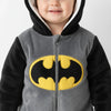 Twinkles Batman fleece romper for toddlers featuring a grey and black hooded design with a yellow logo emblem