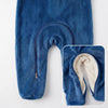 Twinkles blue polar fleece baby jumpsuit with soft white interior lining and convenient front zipper closure