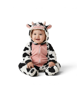 Twinkles baby wearing a cozy black and white cow-patterned polar fleece jumpsuit with a hooded animal face