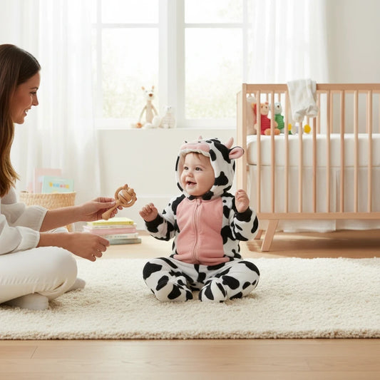 Twinkles baby wearing a cozy cow-themed polar fleece hooded bunting with pink front panel in a bright nursery