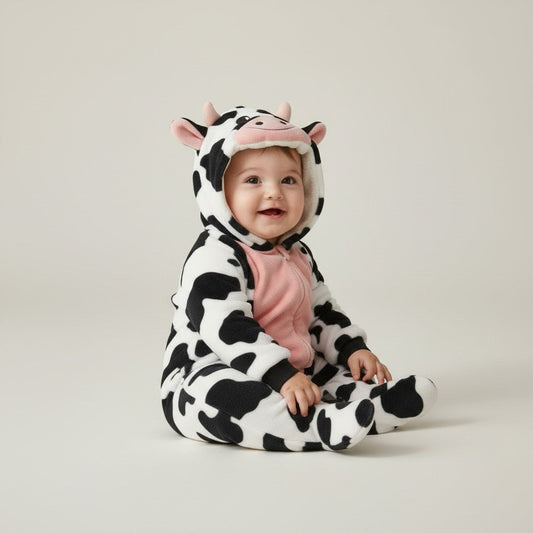 Twinkles baby wearing a soft polar fleece cow-print hooded jumpsuit with pink accents and cute ears on the hood.