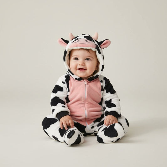 Twinkles baby polar fleece cow costume jumpsuit with hood, featuring black and white spots and pink accents.