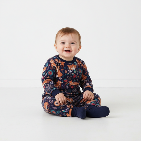 Twinkles baby wearing a navy blue thermal set with a fox and floral print, featuring ribbed cuffs for extra warmth.
