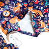 Twinkles thermal set for kids featuring a navy blue fox and floral print with a soft fleece-lined interior
