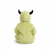 Twinkles baby fleece jumpsuit in light green with a hood featuring black monster horns, back view