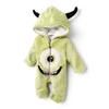 Twinkles light green polar fleece baby jumpsuit with a monster face hood and horns, fully lined for winter warmth.