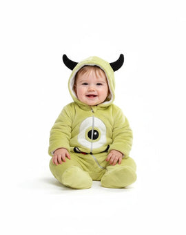 Twinkles baby wearing a green fleece monster onesie with horns and a hood, inspired by a one-eyed character