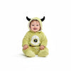 Twinkles baby wearing a green fleece monster onesie with horns and a hood, inspired by a one-eyed character