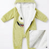 Twinkles light green hooded baby jumpsuit with a monster face print and soft white sherpa fleece lining