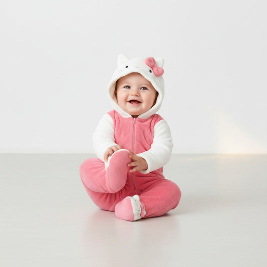 Twinkles baby wearing a pink and white Hello Kitty polar fleece jumpsuit with a hooded cat face and integrated feet.
