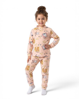 Twinkles hi bear peach fleece pajama set with cute bear print worn by a young girl