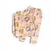 Twinkles Hi Bear pink fleece pajama set for kids featuring cute bear and rabbit prints with rainbows