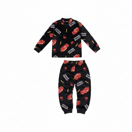 Twinkles black fleece pajama set for kids featuring Lightning McQueen car print and yellow lightning bolts