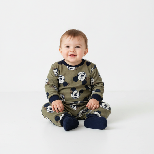 Twinkles baby wearing a soft olive green Mickey Mouse fleece pajama set with navy blue cuffs while sitting