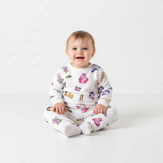A smiling baby wearing a Twinkles My Little Pony fleece pajama set with colorful character prints on white fabric.