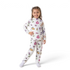 A young girl wearing a white Twinkles My Little Pony fleece pajama set with colorful character prints.
