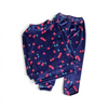 Twinkles navy blue plush winter pajama set featuring a cute red cherry print with long sleeves and elastic waistband