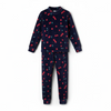 Twinkles navy blue fleece pajama set featuring a vibrant red cherry print with long sleeves and cuffed trousers