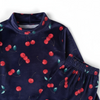 Twinkles navy blue velvet pajama set featuring a cute red cherry print with a mock neck top and elastic waistband