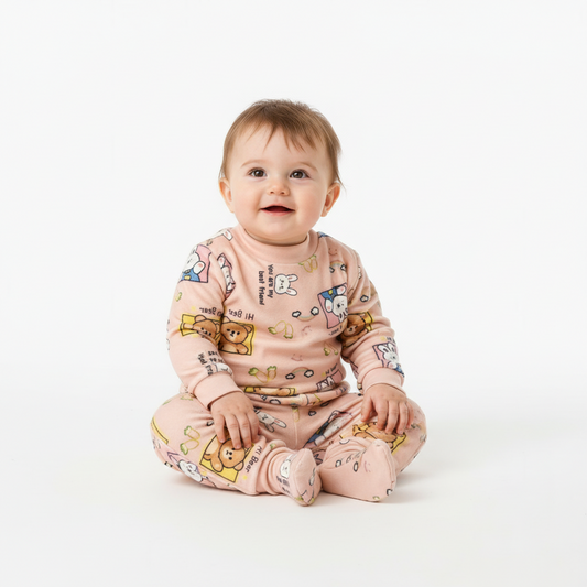 Twinkles baby wearing a soft pink long-sleeve pajama set with cute hi bear and animal print patterns