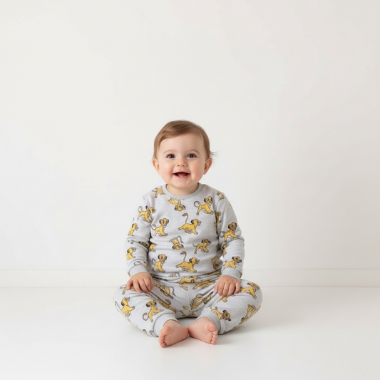 Twinkles baby wearing a grey long-sleeve Simba print pajama set while sitting on a white floor