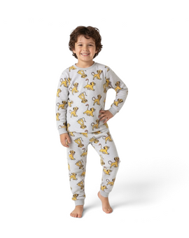 A young boy wearing a grey Twinkles Simba print pajama set featuring the Lion King character on a white background.