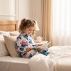 Twinkles girl wearing a Stitch and Angel thermal pajama set, reading a book in bed with a plush toy.