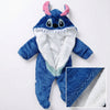 Twinkles blue fleece Stitch baby jumpsuit with hood, featuring character ears and soft white thermal lining.