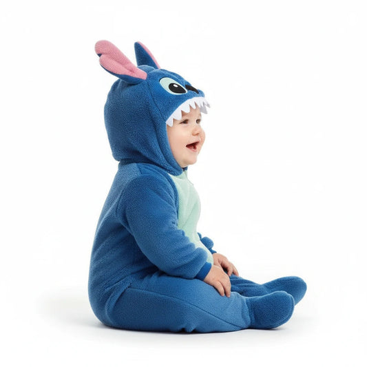 Twinkles baby wearing a blue fleece Stitch character jumpsuit with hood, ears, and teeth details, side view