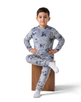 Twinkles grey Stitch print fleece pajama set worn by a young boy sitting on a wooden block