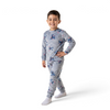 A young boy wearing a grey Twinkles Stitch character print fleece pajama set with long sleeves and matching pants.
