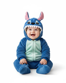 Twinkles baby wearing a blue and light green fleece Stitch character jumpsuit with hood and ears on white background