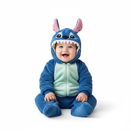 Twinkles baby wearing a blue and light green fleece Stitch character jumpsuit with hood and ears on white background
