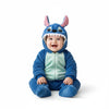 Twinkles baby wearing a blue and light green fleece Stitch character jumpsuit with hood and ears on white background