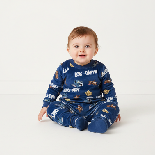 Twinkles baby wearing a blue fleece Tom and Jerry pajama set with long sleeves and footed pants on a white background